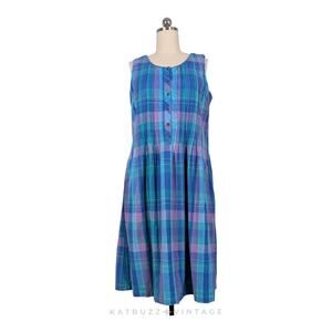 Vintage Plaid Midi Dress 16 Blue Purple Button Pleated Sleeveless Jumper Pockets